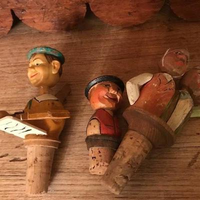 Set of 3 vintage wood carved wine bottle stoppers