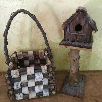 Rustic woodland décor birdhouse and bark basket