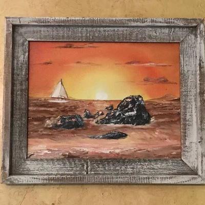 Sailing Sunset Sunrise painting framed in Barnwood