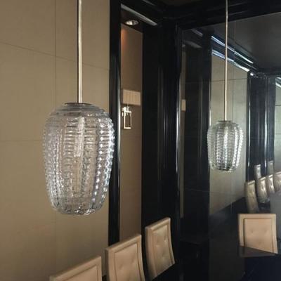 3) Lorin Marsh Barovier Clear Glass Lanterns with Plated Polished Nickel Ceiling Poles 