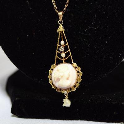 Lot 009-T: Antique Cameo Necklace with Diamonds & Pearls