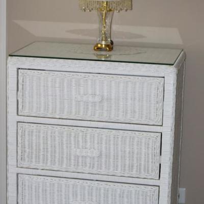 Wicker Chest Dresser with Glass Top, Lamp