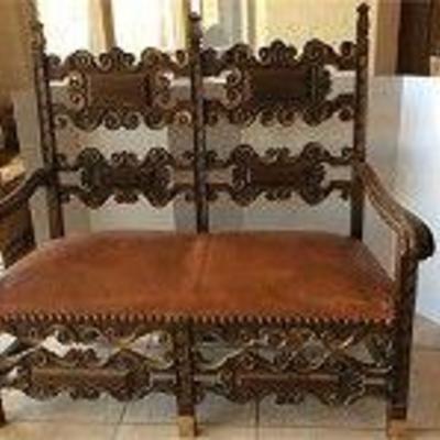 Leather and Carved Wood Bench