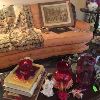Antique Cranberry Glass Vases, Half Moon Shape Vintage Coffee Table, Assortment of Tapestry 