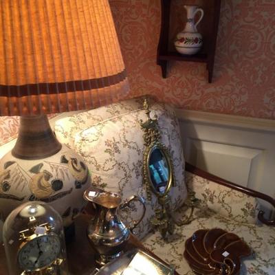 Stuffed Side Chair, Anniversary Clock, Vintage Pottery Table Lamp 