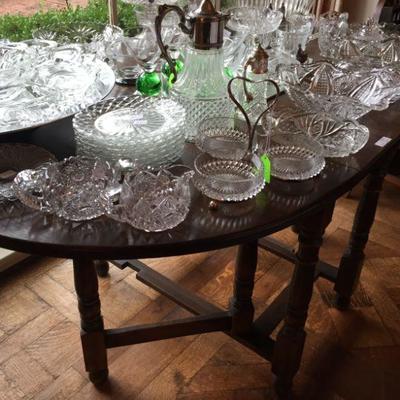 Antique Drop Leaf Table, Cut Glass and Crystal 