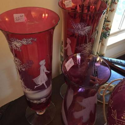 Vintage Pair of Mary Gregory Cranberry Vases 