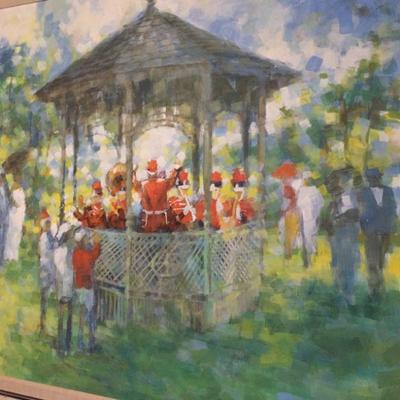 Fabulous Large Original Impressionistic Painting of Musicians Playing in a Park Bandstand, Signed 