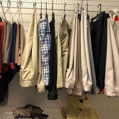 Men's size 40 shorts, L and XL shirts and sweaters, size 12 shoes, 40 x 30 pants.  Izod, Tommy Hilfiger, Foot Joy, Neiman Marcus, Nautica...