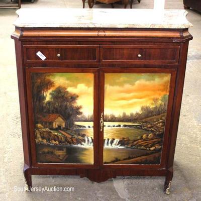 Selection of Marble Top 2 Door 1 Drawer Paint Inlaid and Paint Decorated Front Server
Located Inside â€“ Auction Estimate $200-$400 each

