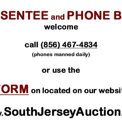 We accept phone and absentee bids.  Our office is open everyday from 8:30am-4:00pm daily at (856) 467-4834 or leave bids by popping onto...