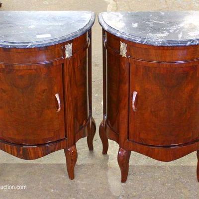 PAIR of French Style Burl Walnut Marble Top Demilune Bedside Stands
Located Inside â€“ Auction Estimate $100-$200
