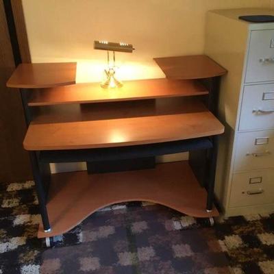 Wooden Desk with Light and Filing Cabinet
