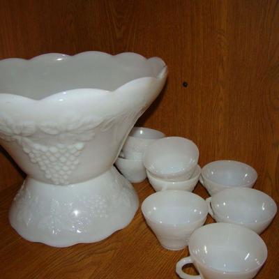 Vintage White Milk Punch bowl set on stand with matching cups