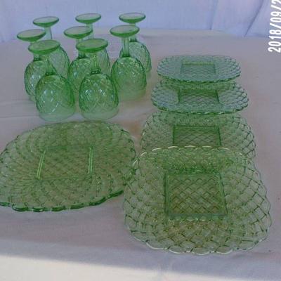 vintage green dishes and glasses