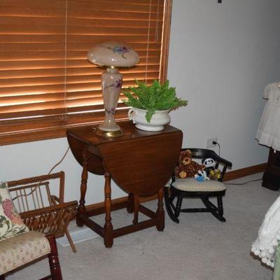 Drop-Leaf Side Table, Lamp, Vintage Child's Rocker