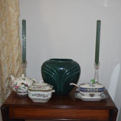 Vase, Candleholders, Small Drop-Leaf Table