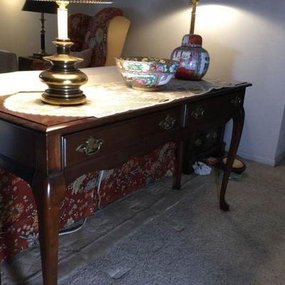 Cherry Wood Sofa Table and Brass Lamp