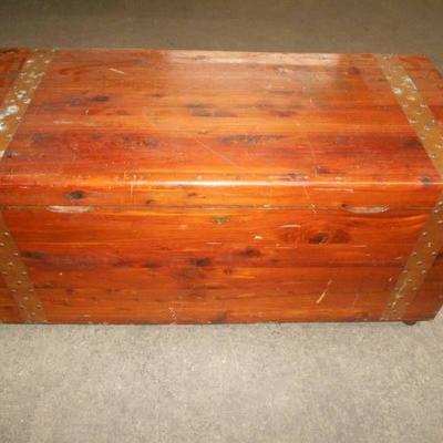 Brass Belted Cedar Chest with Toy Lot