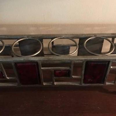 rustic Metal and red glass Candle Holder