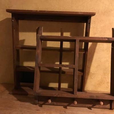 Set of 2 wood shelfs--one with hanging pegs