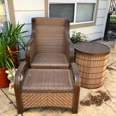 6 AGIO Durable Wicker Chairs With Sunbrella Fabric, And Matching Club Chair With Ottoman And Side Barrel Table.