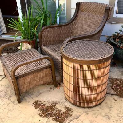 6 AGIO Durable Wicker Chairs With Sunbrella Fabric, And Matching Club Chair With Ottoman And Side Barrel Table.