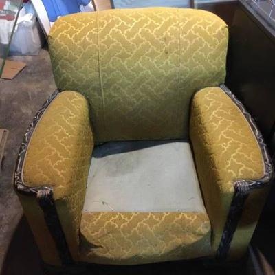 Antique Gold Damask upholstered wood armchair