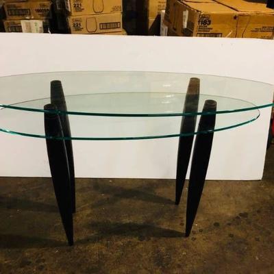 Oval Glass Sofa table with purple stained wood leg ...