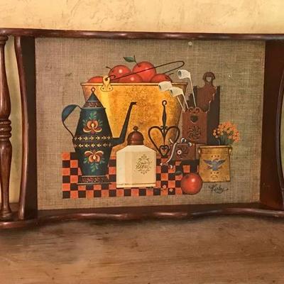 Antique wood tray with carved handles and country ...