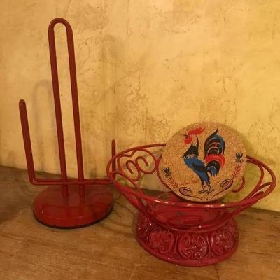 Kitchen Red items---paper towel holder, metal bask ...