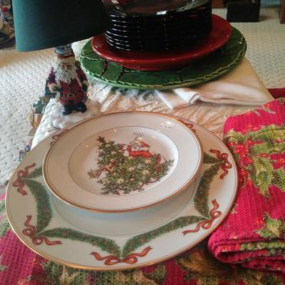 Christmas dishes /  dinner set. Dessert plate $3, Dinner plate $4, Santa lamp $5