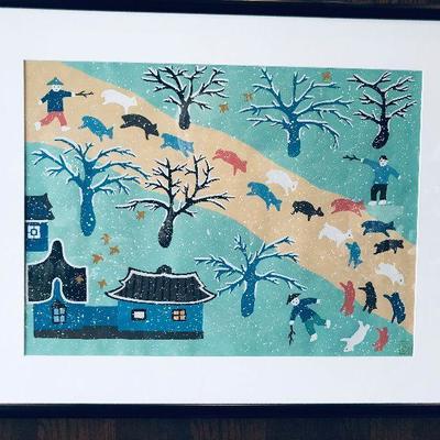 Original colorful acrylic painting from Asia. Artist unknown. Goats returning home. Winter scene. $100