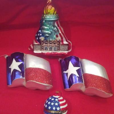 Texas flag glass ornament $6 each. Statue of liberty glass ornament $15. US flag ceramic ball ornament $2
