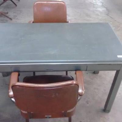 Metal Desk and Two Metal Chairs