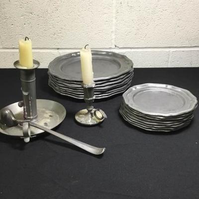 Pewter Candle Holders and Tin Plates
