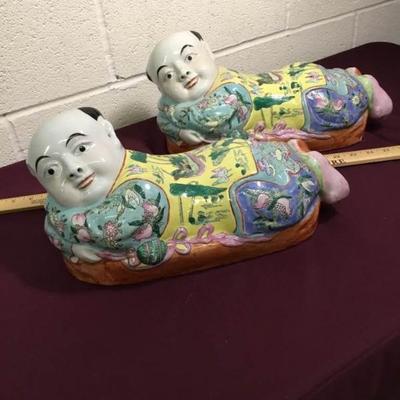 Two Porcelain Asian Headrest Buddhas