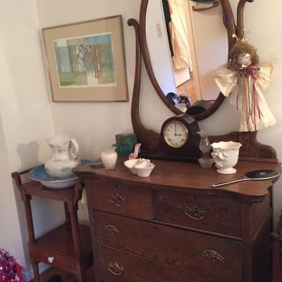 Antique Oak Bureau with Mirror and Washstand with Bowl and Pitcher.