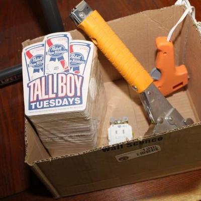 Box of Misc items- Stapler, Glue Gun