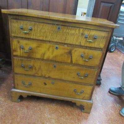 19th C. Tiger Maple 4 Drawer Chest