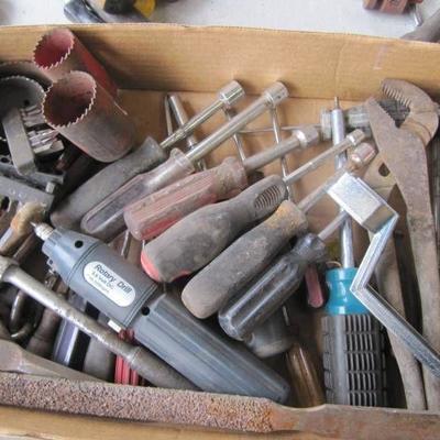 Box of Misc Tools-Pliers Hole Saws ETC