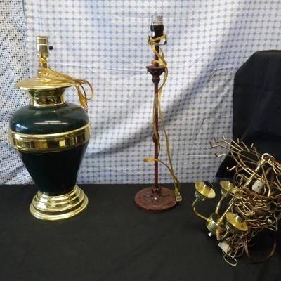 Brass Chandelier. Brass & Green Lamp. Brown Lamp