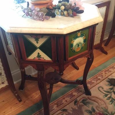 Antique English Arts &Crafts Marble Top Parlor Table with Tile Apron