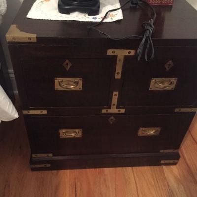 Pair Antique Campaign Chest Nightstands and 2 part Campaign Chest. 