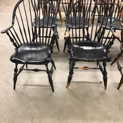 D.R. Dimes (2) continuous arm Windsor chairs in black paint