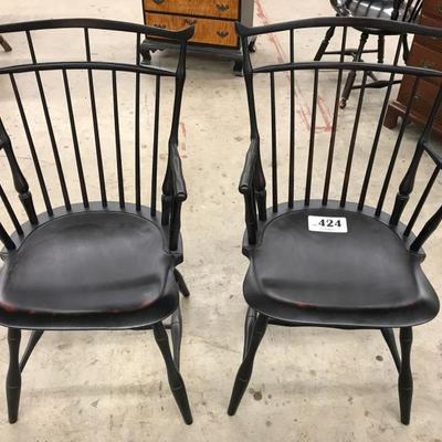 D.R. Dimes pair of bird cage Windsor arm chairs in black crackle paint
