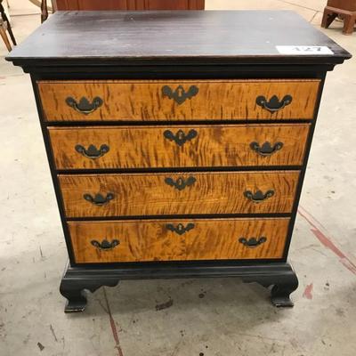 D.R. Dimes diminutive Chippendale style curly maple 4 drawer chest with ogee feet and black crackle 