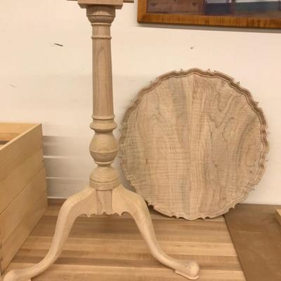 D.R. Dimes Queen Anne tilt top table base in tiger maple, unfinished with partially completed pie cr