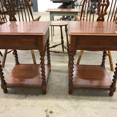 D.R. Dimes pair of barley twist side tables with lower shelf in cherry, 22