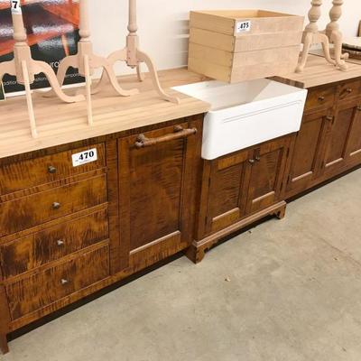 D.R. Dimes tiger maple Shaker style kitchen base cabinet samples with butcher block top and sink, 11